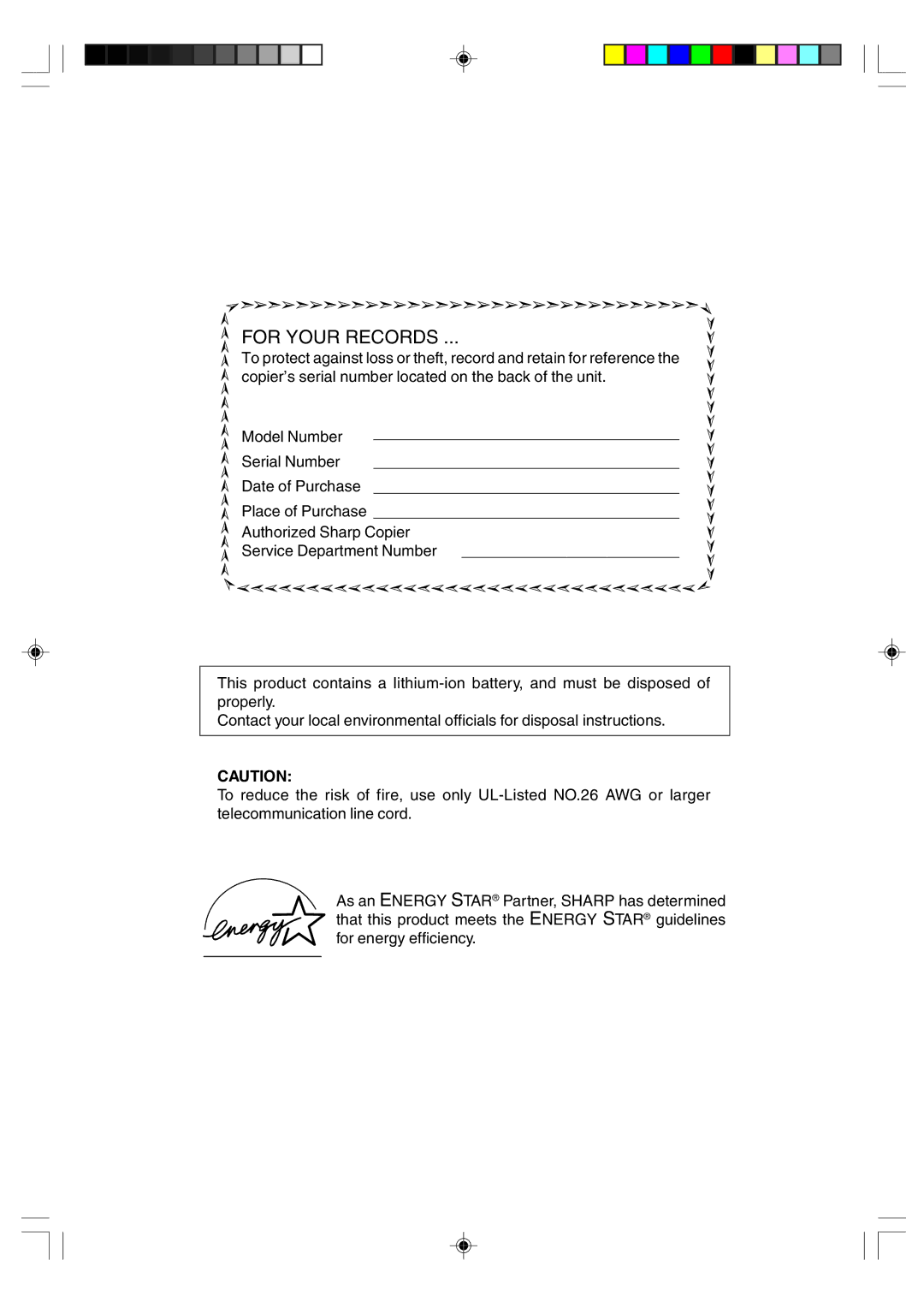 Sharp AR-F152 operation manual For Your Records 