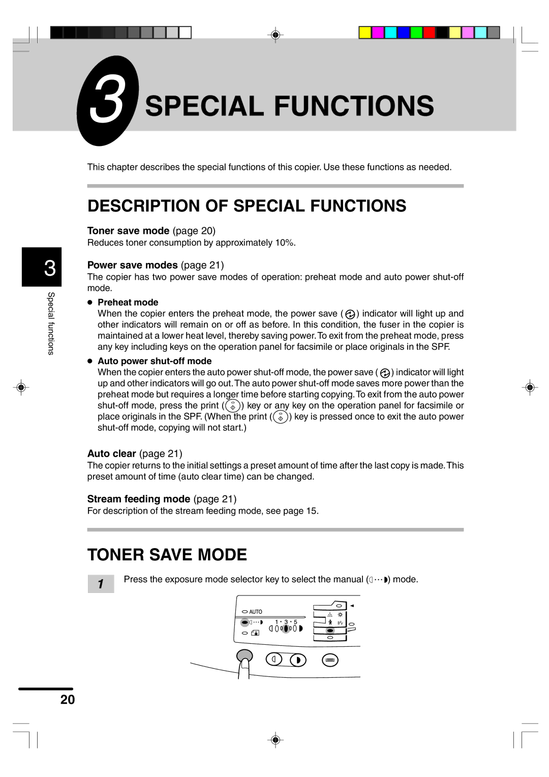 Sharp AR-F152 Description of Special Functions, Toner Save Mode, Preheat mode, Auto power shut-off mode 