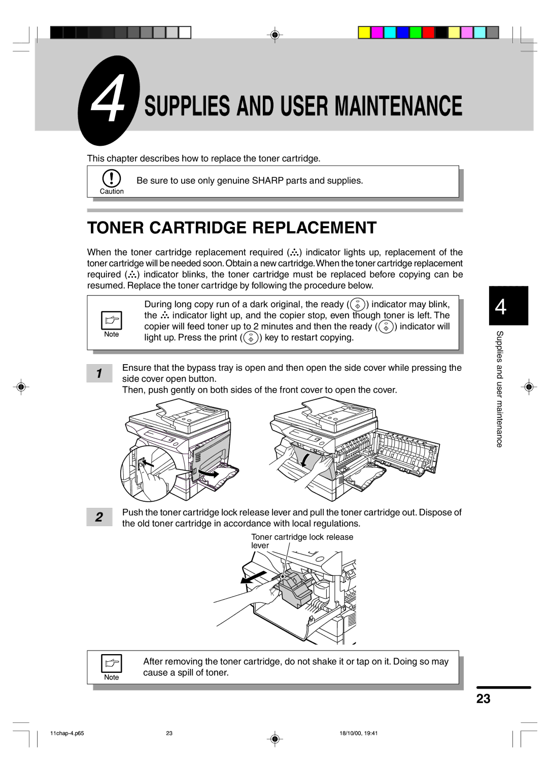 Sharp AR-F152 operation manual Supplies and User Maintenance, Toner Cartridge Replacement 