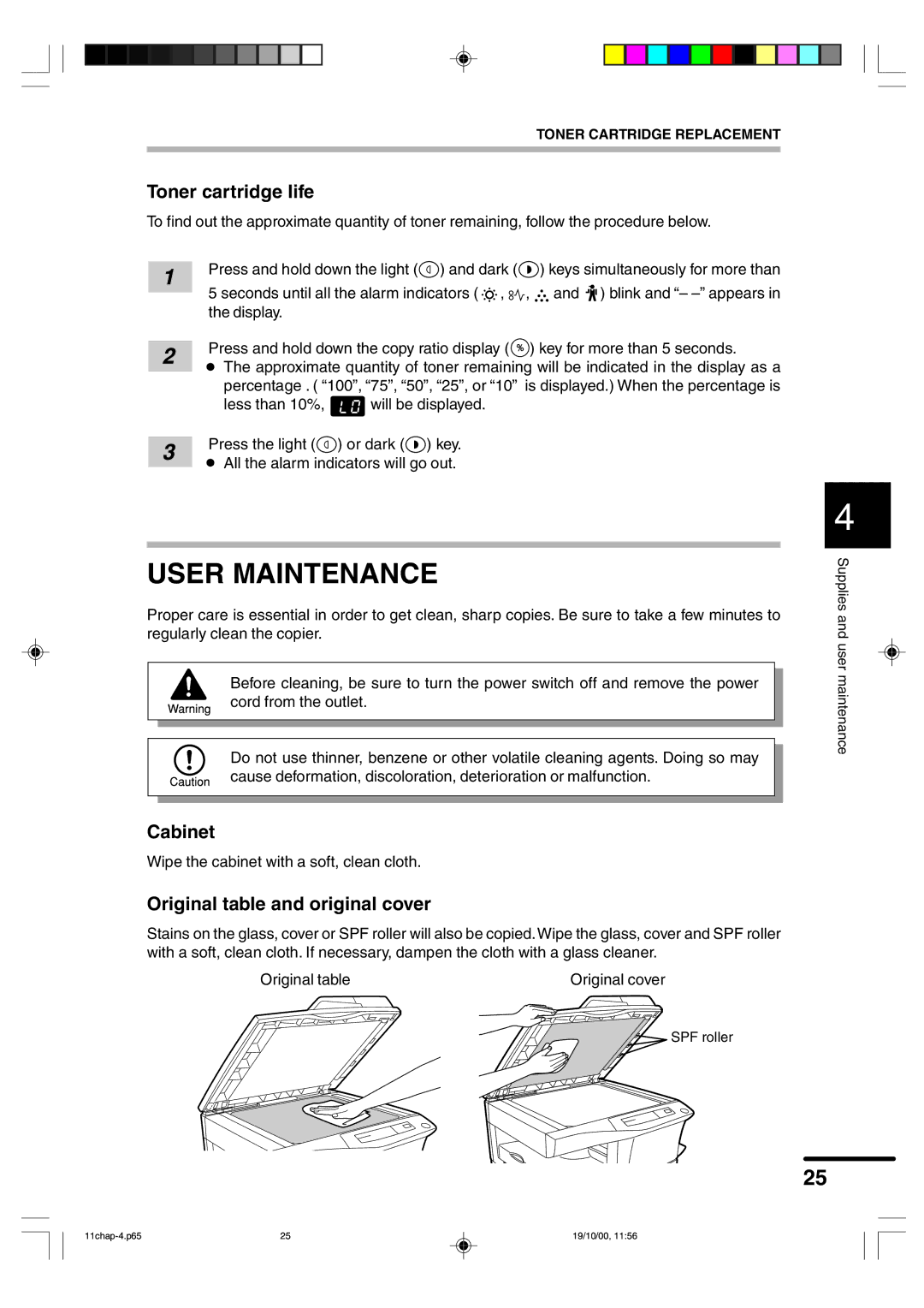 Sharp AR-F152 operation manual User Maintenance, Toner cartridge life, Cabinet, Original table and original cover 