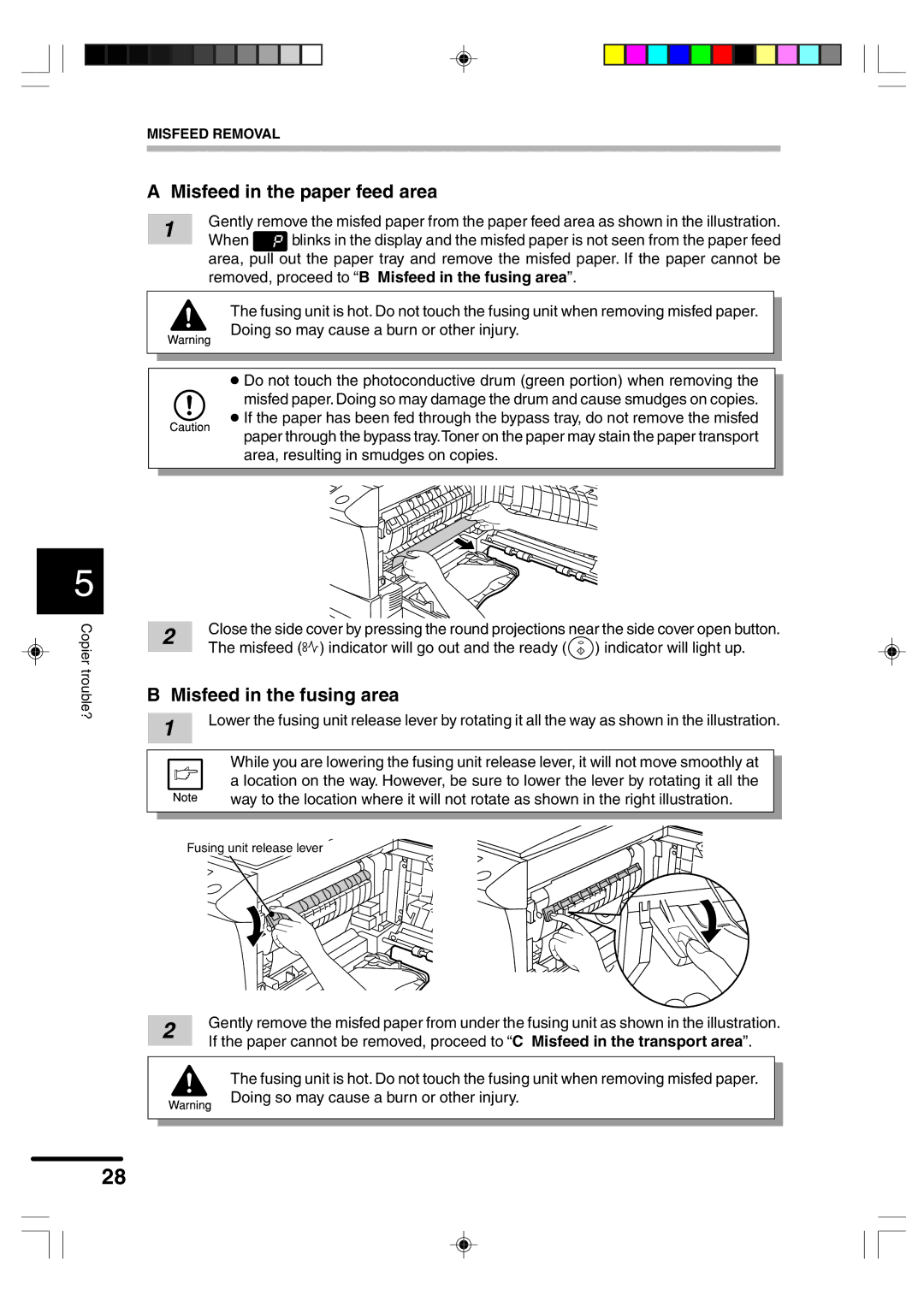 Sharp AR-F152 operation manual Misfeed in the paper feed area, Misfeed in the fusing area 