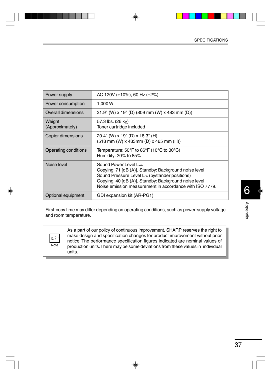 Sharp AR-F152 operation manual Specifications 