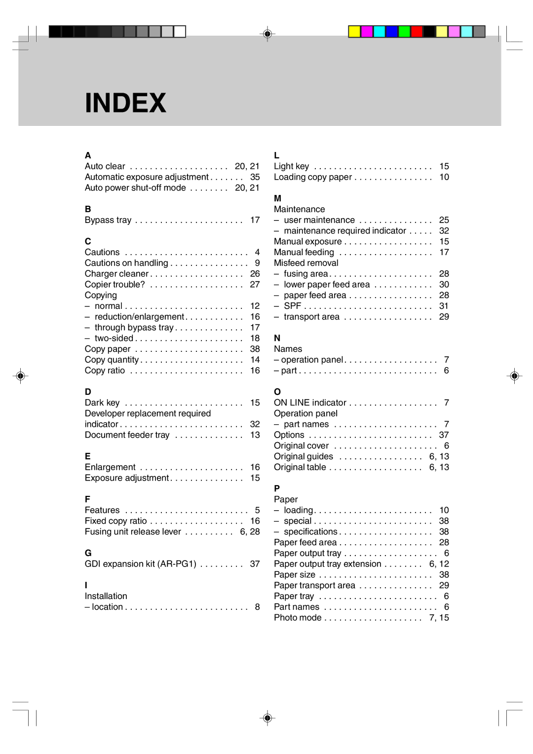 Sharp AR-F152 operation manual Index, Installation, Maintenance, Names, Paper 