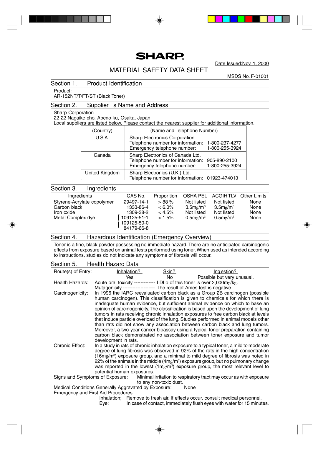 Sharp AR-F152 operation manual Material Safety Data Sheet 