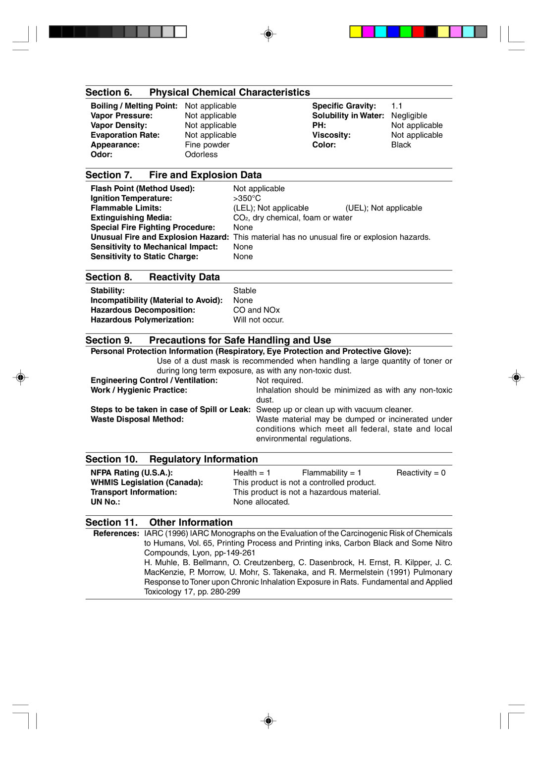 Sharp AR-F152 operation manual Section Physical Chemical Characteristics 