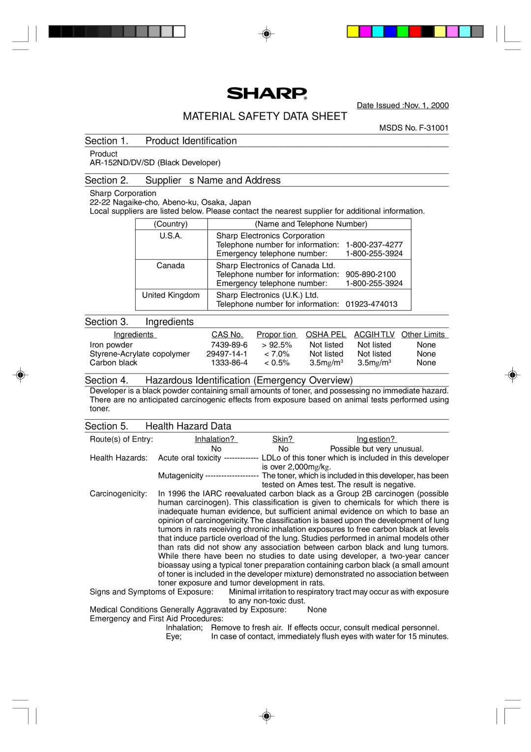 Sharp AR-F152 operation manual Osha PEL Acgih TLV 