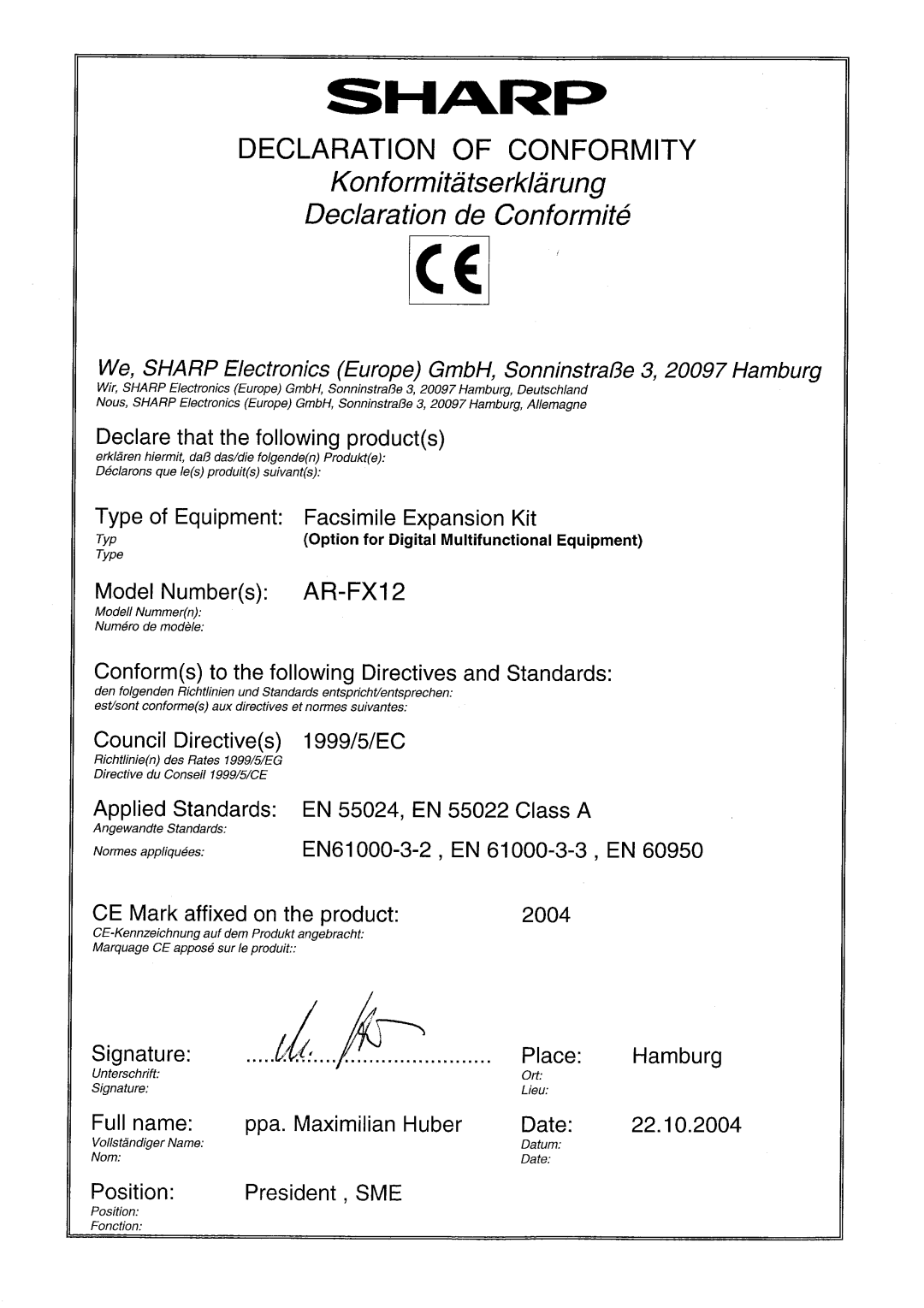 Sharp AR-FX12 operation manual 