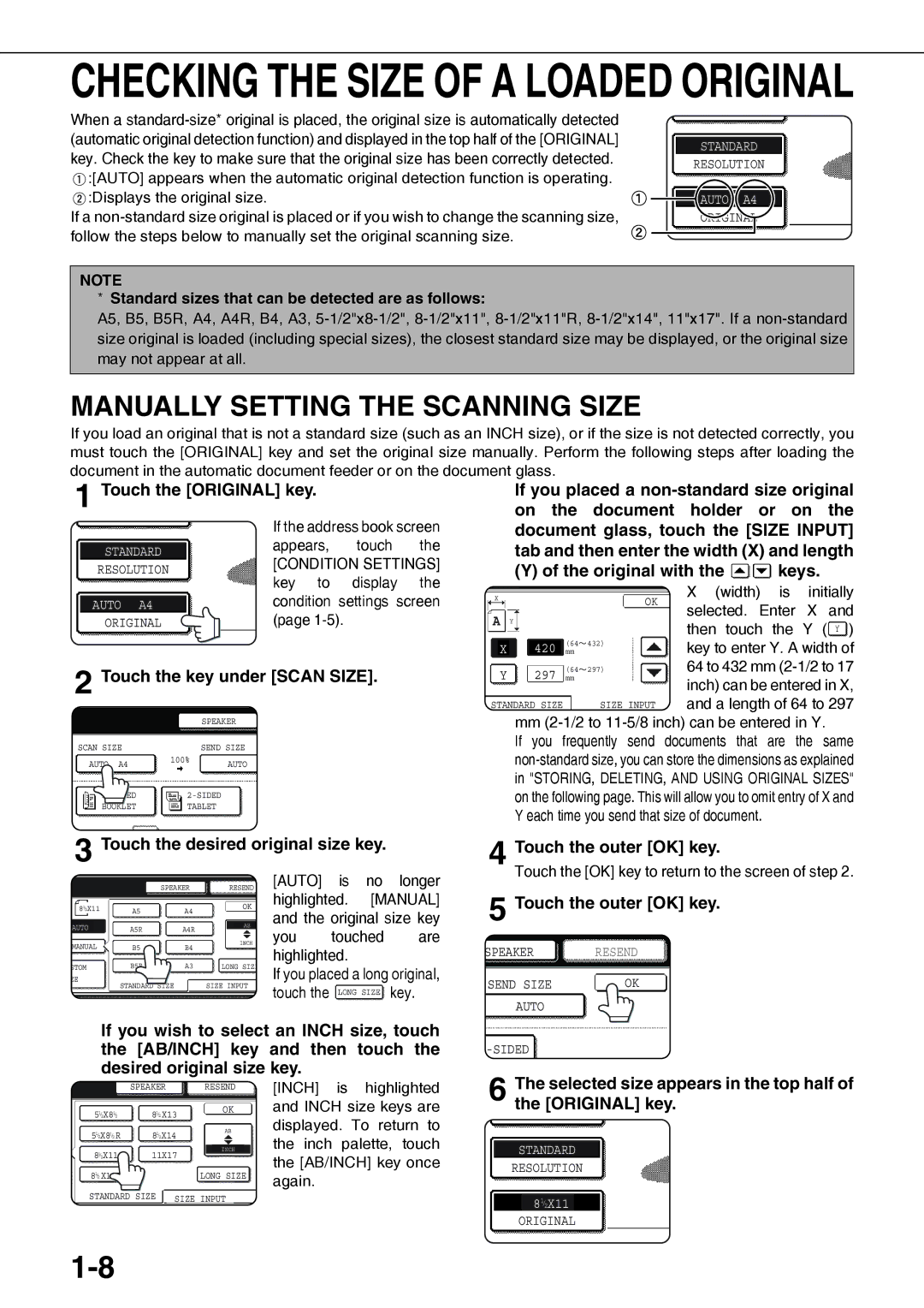 Sharp AR-FX12 operation manual Manually Setting the Scanning Size 