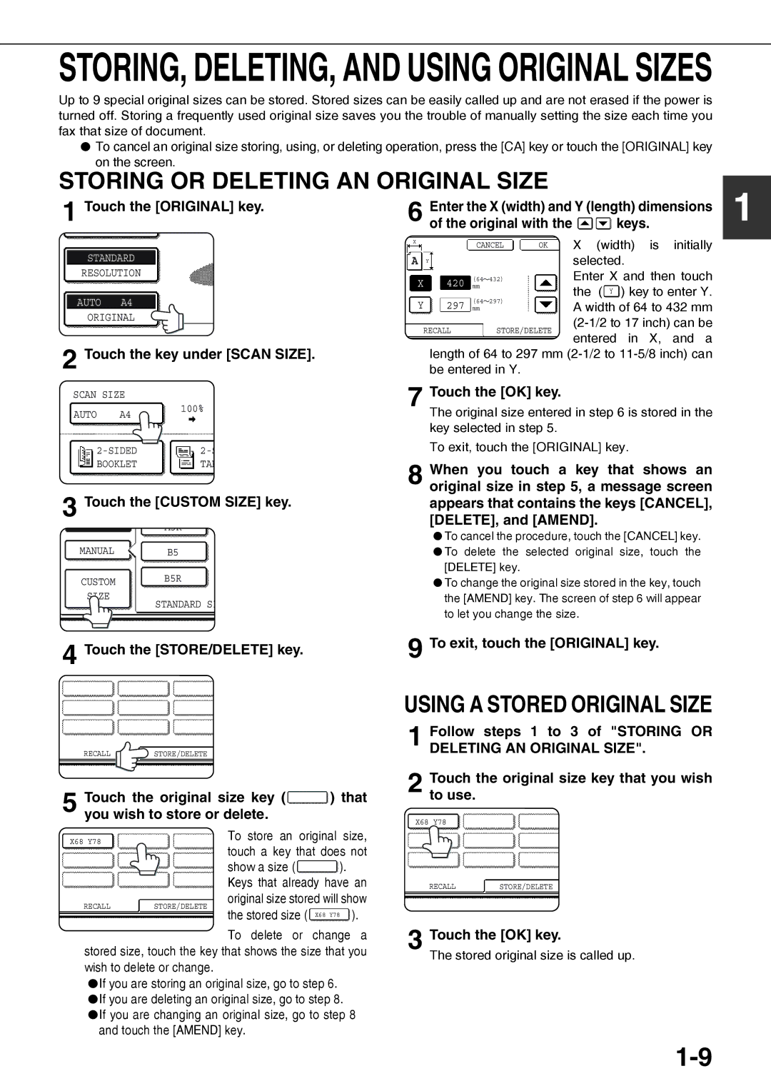 Sharp AR-FX12 operation manual Storing or Deleting AN Original Size 