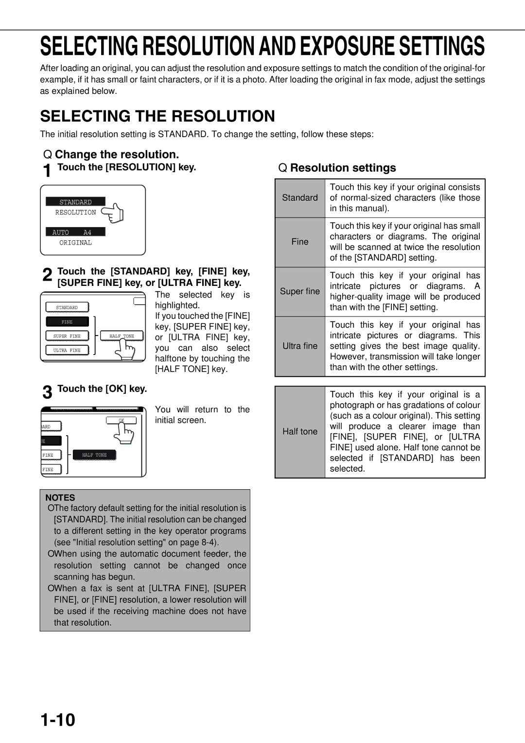 Sharp AR-FX12 Selecting the Resolution, Change the resolution, Resolution settings, Touch the Resolution key 