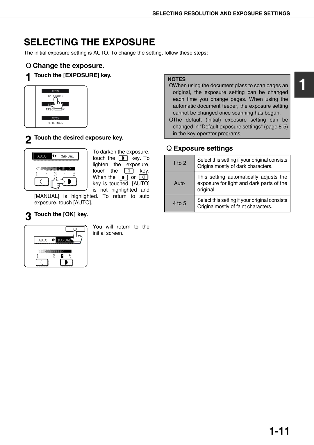 Sharp AR-FX12 operation manual Selecting the Exposure, Change the exposure, Exposure settings, Touch the Exposure key 