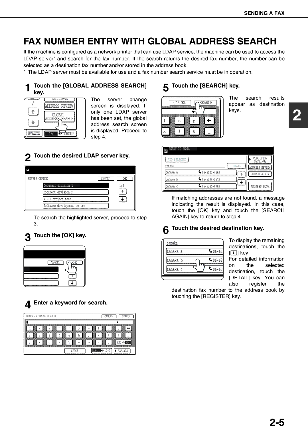 Sharp AR-FX12 FAX Number Entry with Global Address Search, Touchkey. the Global Address Search, Enter a keyword for search 