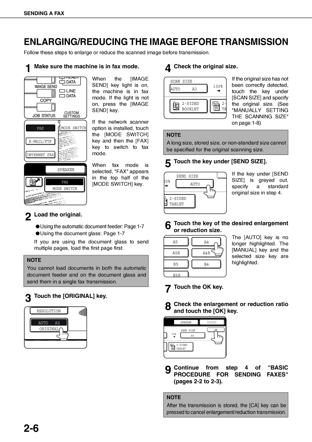 Sharp AR-FX12 operation manual ENLARGING/REDUCING the Image Before Transmission, Touch the key under Send Size 