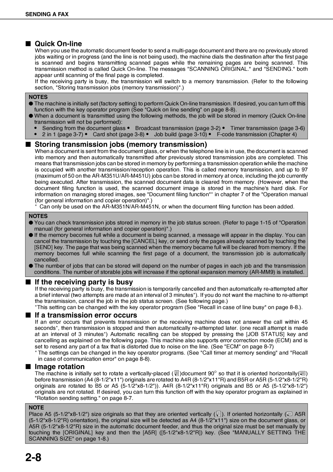 Sharp AR-FX12 Quick On-line, Storing transmission jobs memory transmission, If the receiving party is busy, Image rotation 