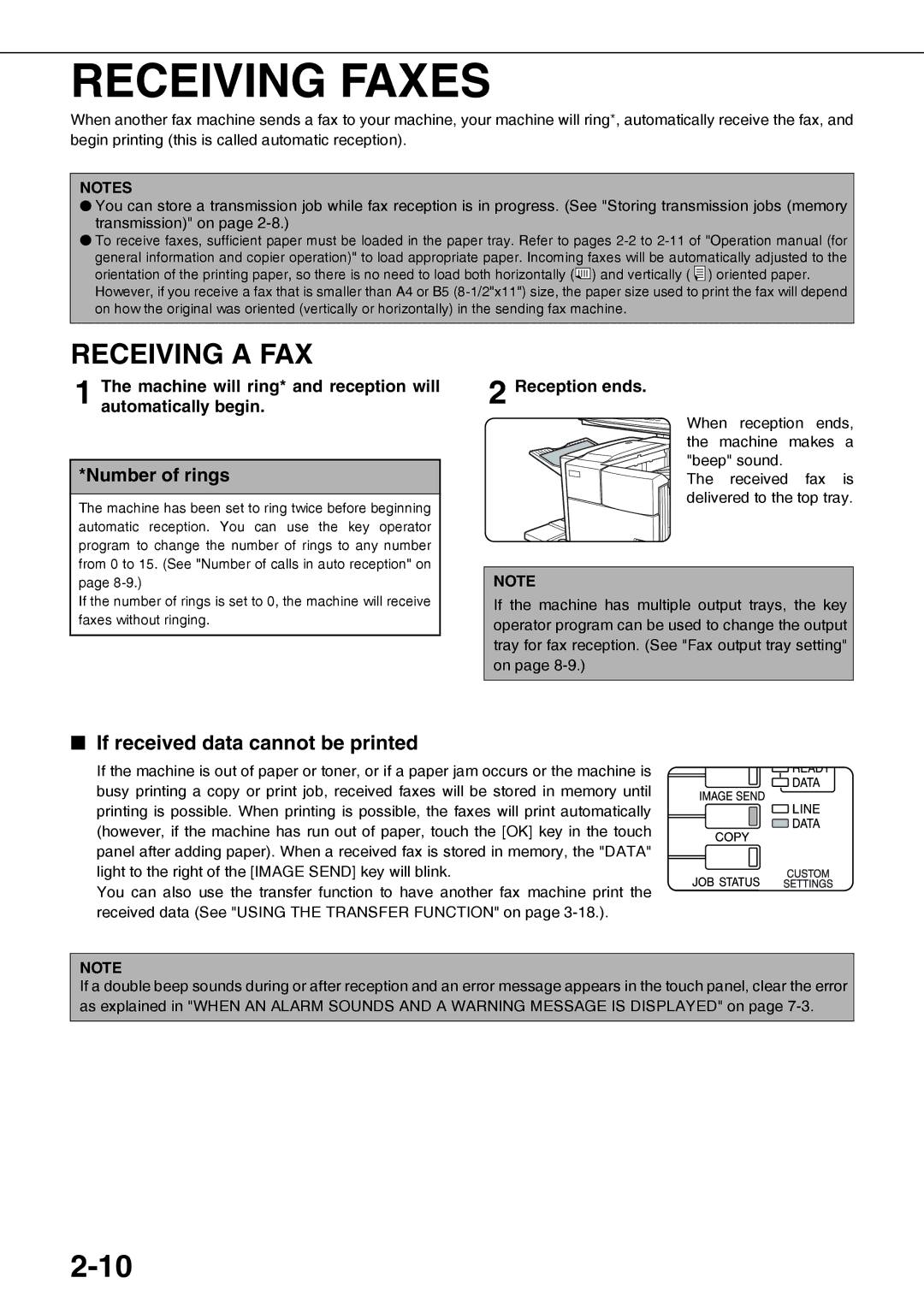 Sharp AR-FX12 operation manual Receiving Faxes, Receiving a FAX, If received data cannot be printed, Reception ends 