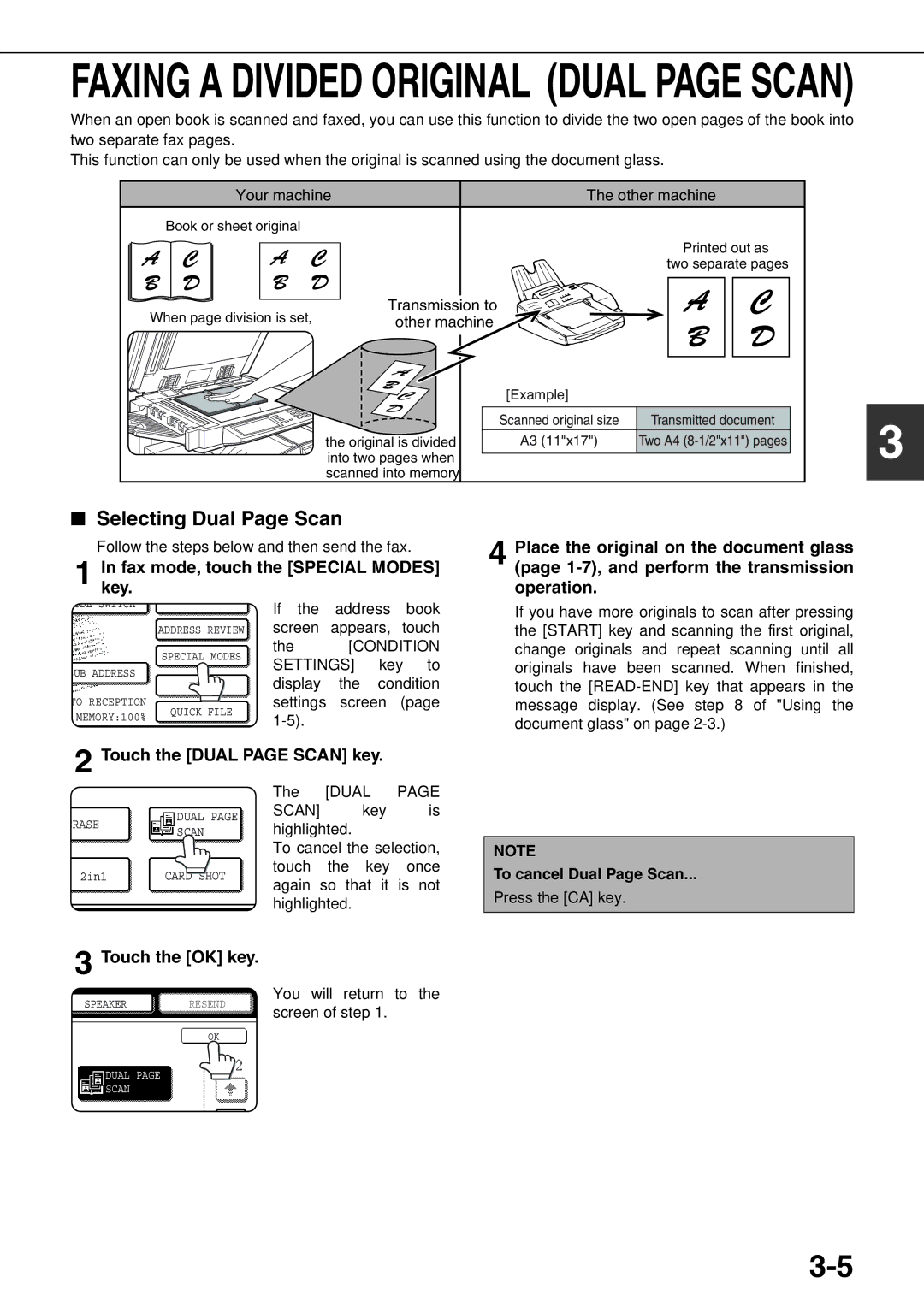 Sharp AR-FX12 operation manual Selecting Dual Page Scan, Touch the Dual page Scan key, To cancel Dual Page Scan 