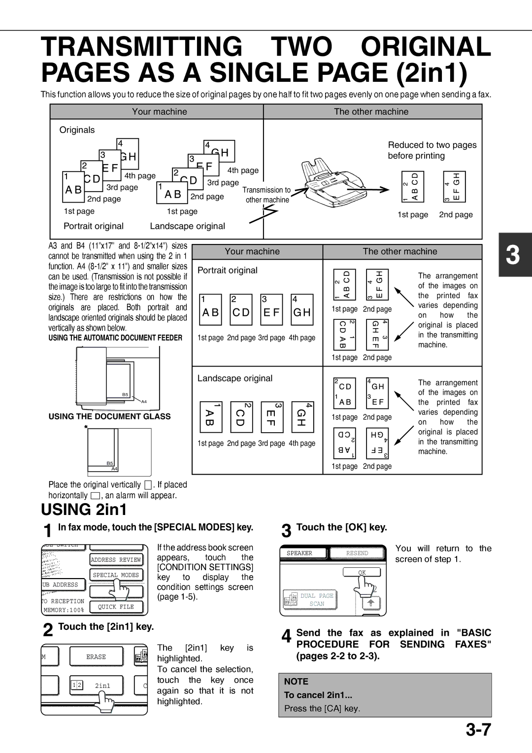 Sharp AR-FX12 operation manual Fax mode, touch the Special Modes key Touch the OK key, Touch the 2in1 key, To cancel 2in1 