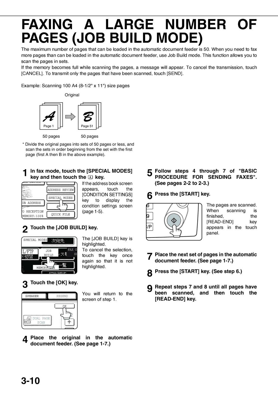 Sharp AR-FX12 operation manual Faxing a Large Number of Pages JOB Build Mode, Touch the JOB Build key 