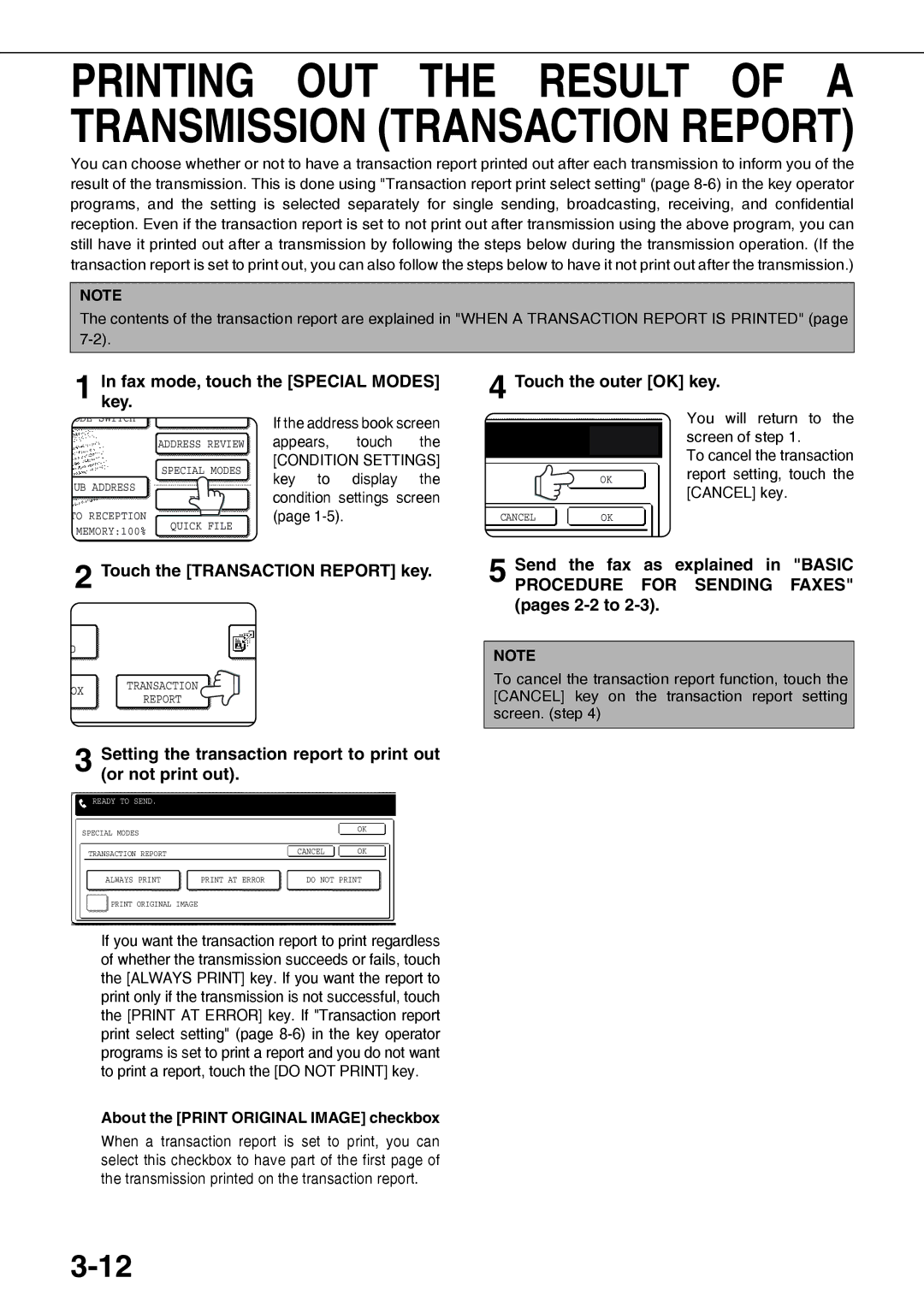 Sharp AR-FX12 operation manual Touch the Transaction Report key, About the Print Original Image checkbox 