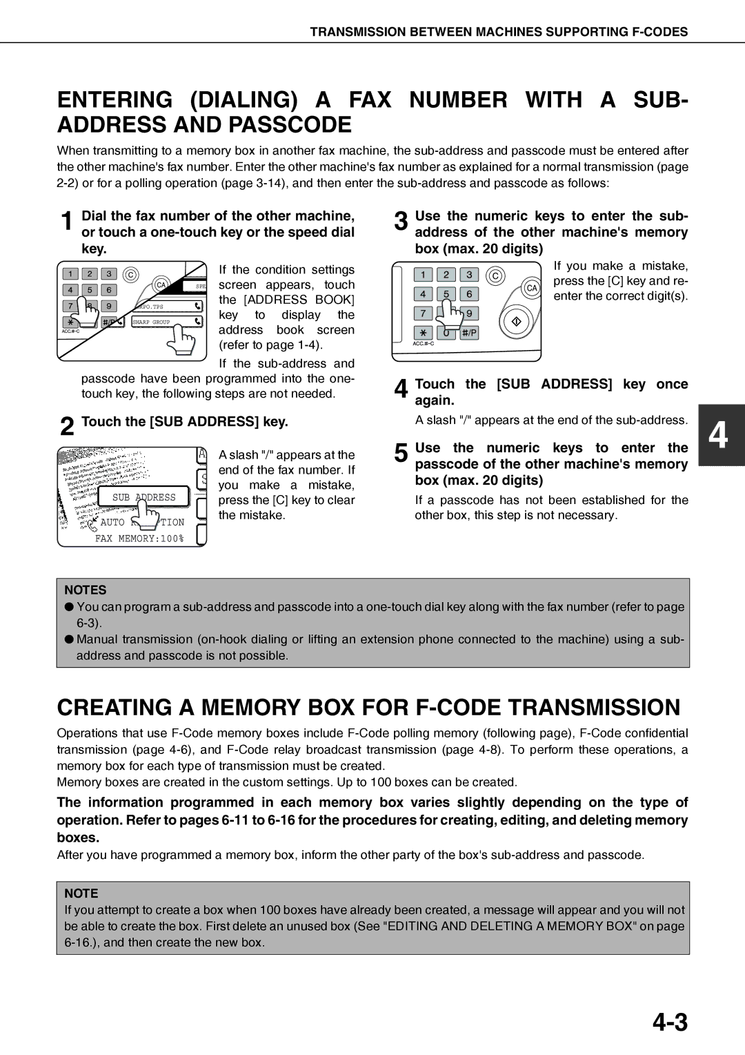 Sharp AR-FX12 Creating a Memory BOX for F-CODE Transmission, Touch the SUB Address key, Use the numeric keys to enter 