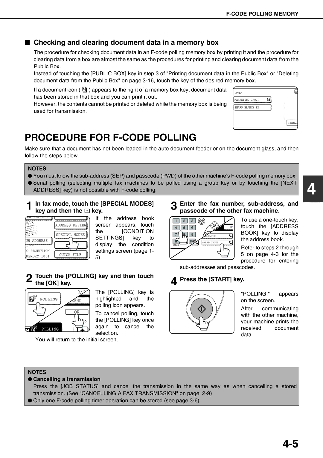 Sharp AR-FX12 Procedure for F-CODE Polling, Checking and clearing document data in a memory box, Cancelling a transmission 