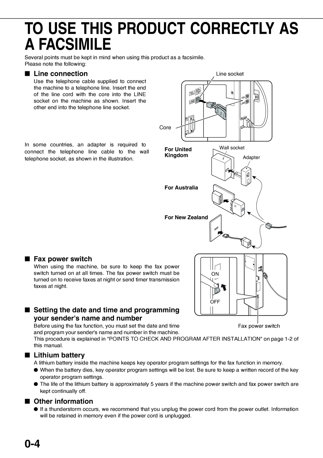 Sharp AR-FX12 To USE this Product Correctly AS a Facsimile, Line connection, Fax power switch, Lithium battery 