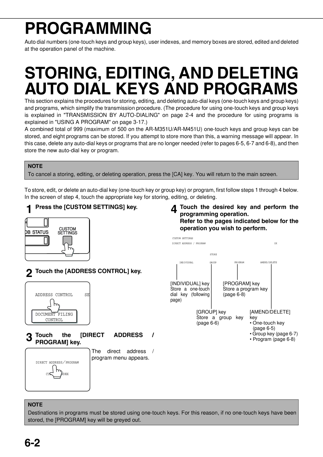 Sharp AR-FX12 operation manual Programming, Touch the Address Control key, Touch the Direct Address, Program key 