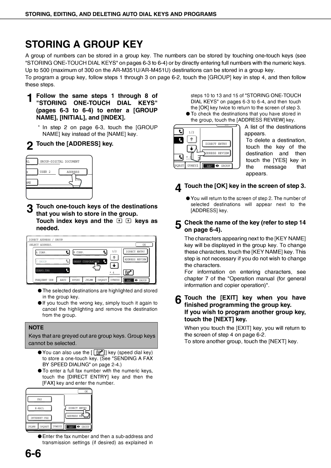 Sharp AR-FX12 operation manual Storing a Group KEY, Touch the Address key, Touch the OK key in the screen of step 