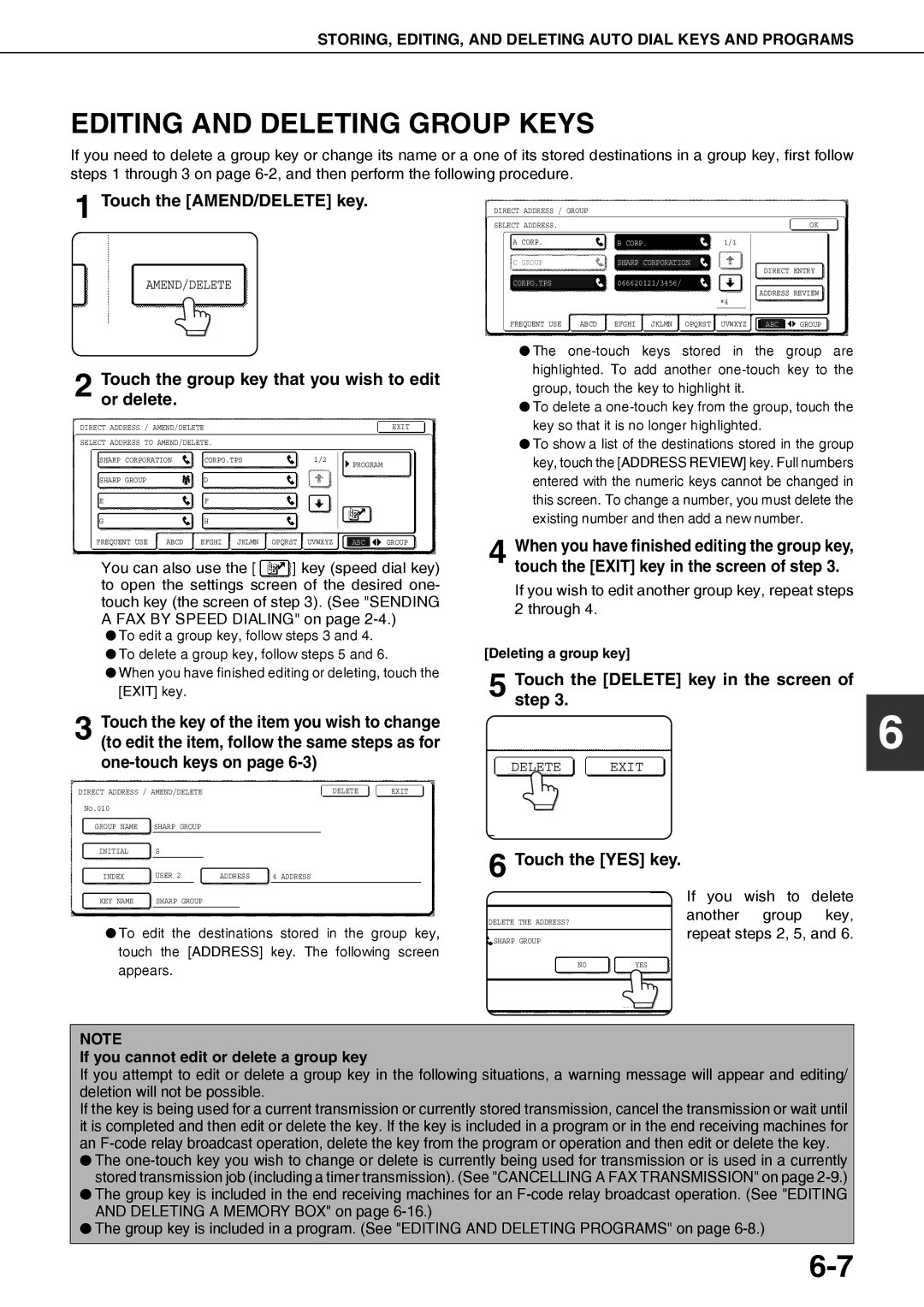 Sharp AR-FX12 Editing and Deleting Group Keys, Touch the AMEND/DELETE key, Touch the Delete key in the screen of step 