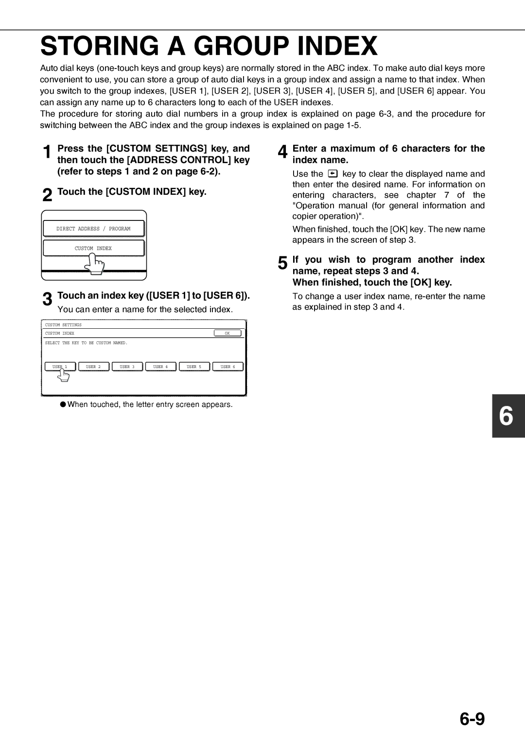 Sharp AR-FX12 operation manual Storing a Group Index, Enter a maximum of 6 characters for the index name 