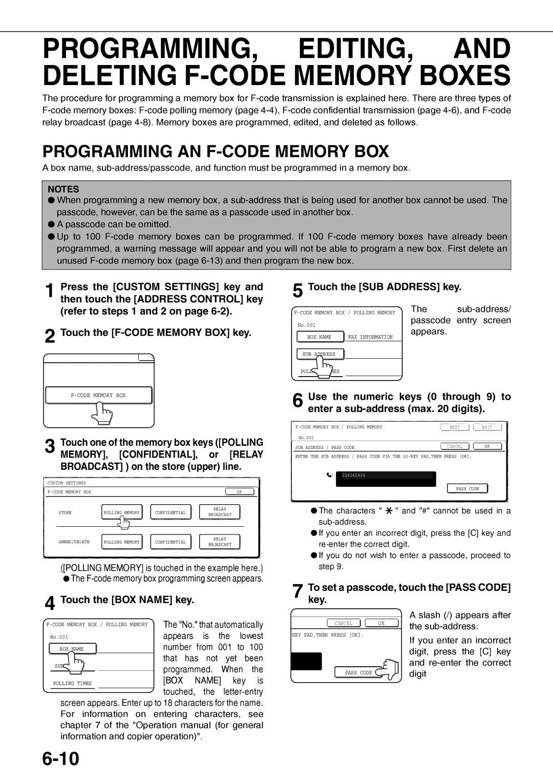 Sharp AR-FX12 Programming AN F-CODE Memory BOX, Touch the BOX Name key, Tokey.set a passcode, touch the Pass Code 