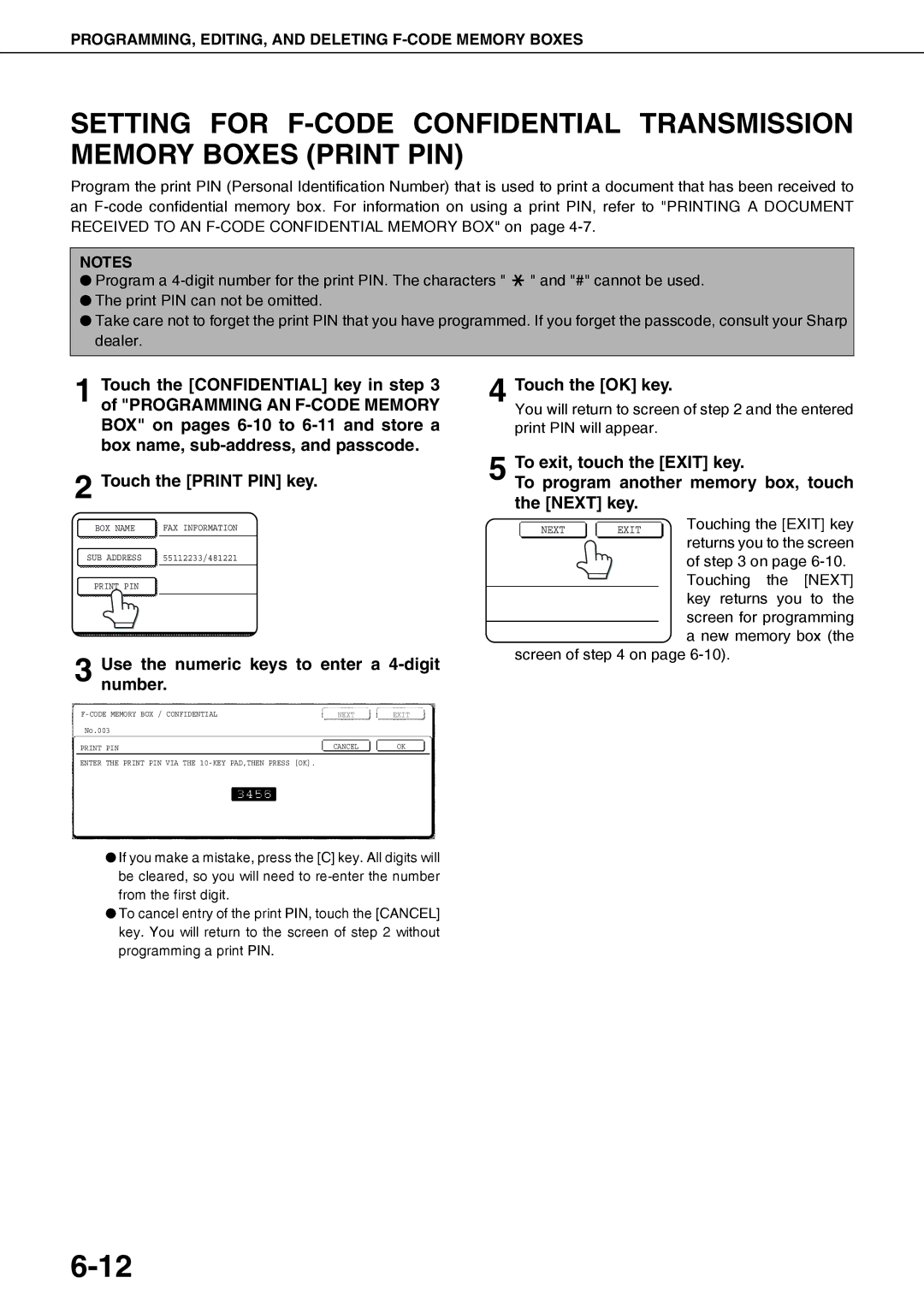 Sharp AR-FX12 operation manual Touch the Print PIN key, Use the numeric keys to enter a 4-digit number 