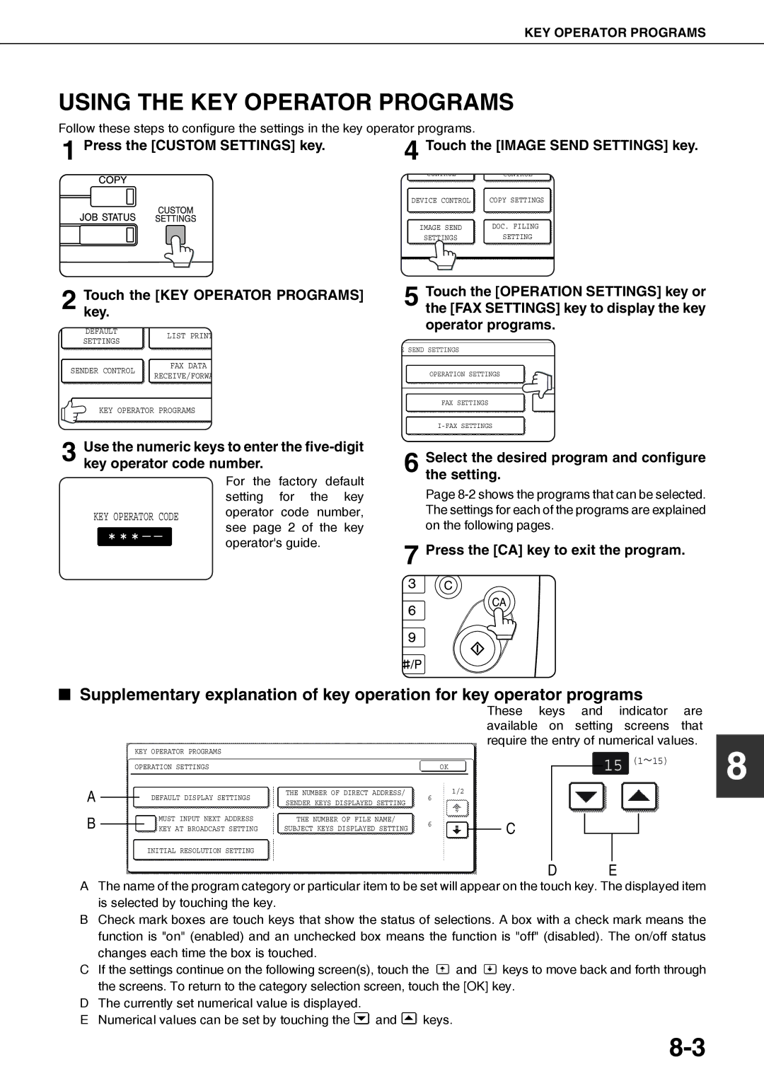 Sharp AR-FX12 Using the KEY Operator Programs, Touchkey. the KEY Operator Programs, Press the CA key to exit the program 