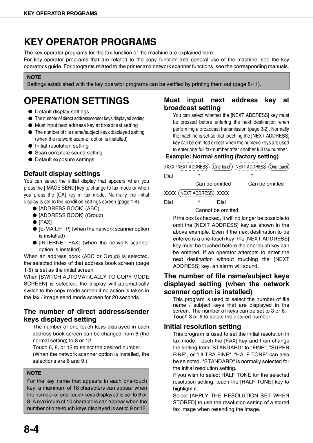 Sharp AR-FX12 operation manual KEY Operator Programs, Operation Settings 