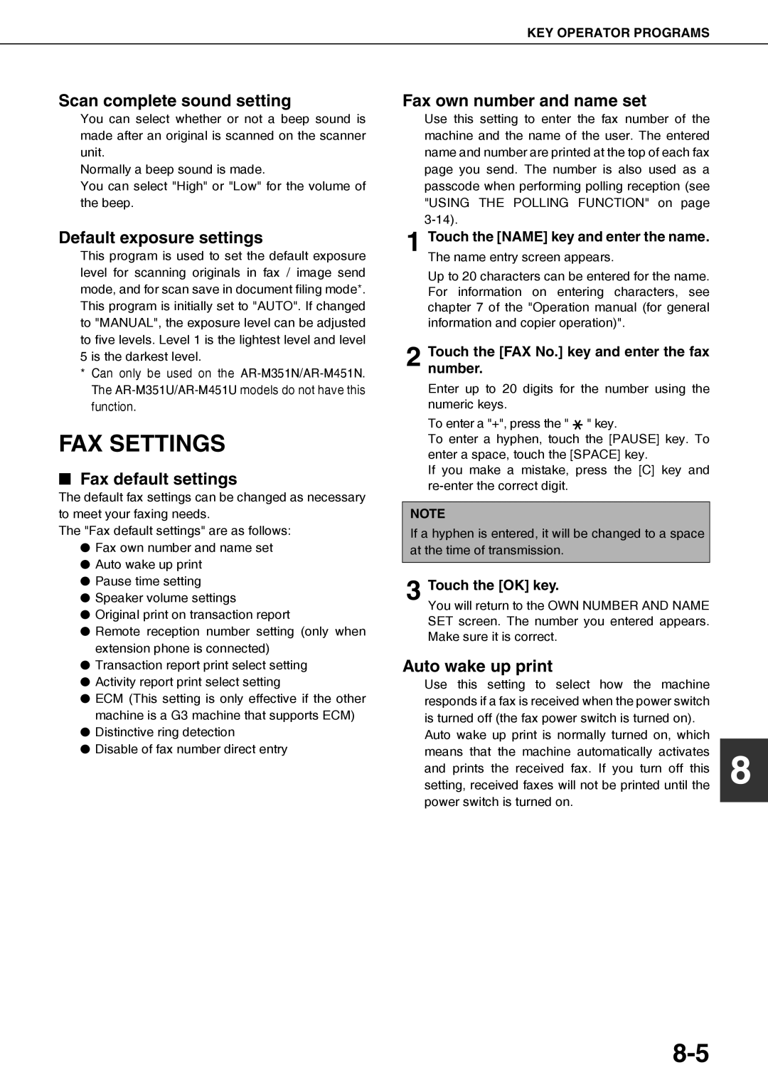 Sharp AR-FX12 FAX Settings, Scan complete sound setting Fax own number and name set, Default exposure settings 