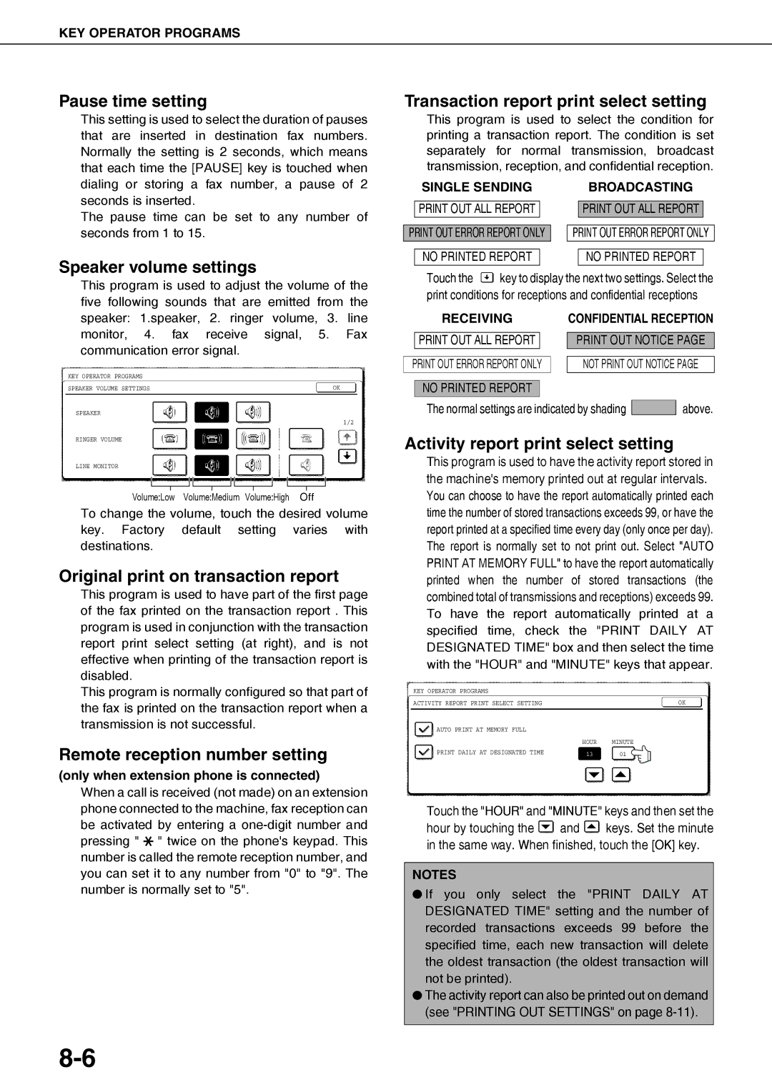 Sharp AR-FX12 operation manual Pause time setting, Speaker volume settings, Original print on transaction report 