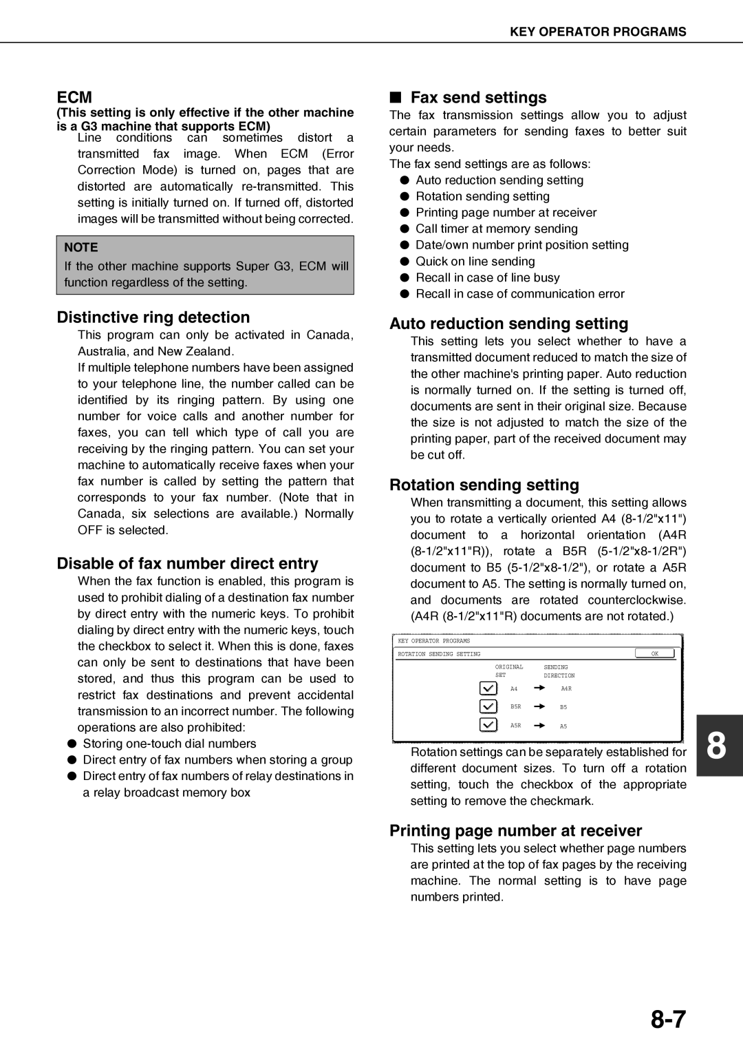 Sharp AR-FX12 Fax send settings, Distinctive ring detection, Disable of fax number direct entry, Rotation sending setting 