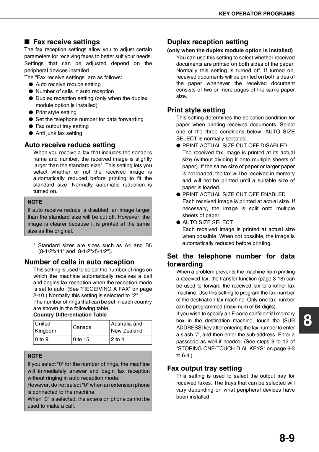 Sharp AR-FX12 Fax receive settings, Auto receive reduce setting, Number of calls in auto reception, Print style setting 