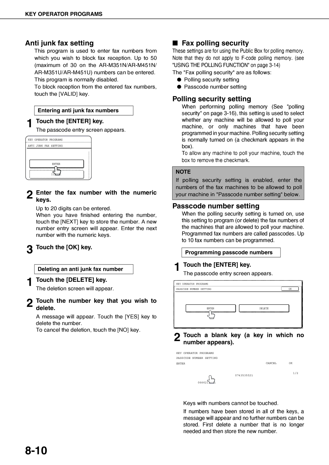 Sharp AR-FX12 Anti junk fax setting, Fax polling security, Polling security setting, Passcode number setting 