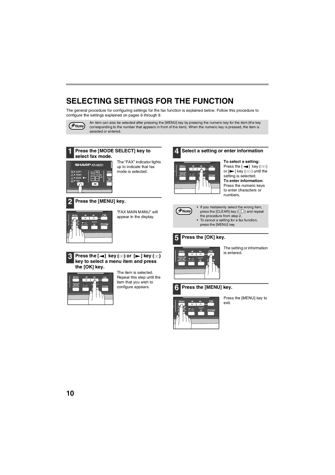 Sharp AR-FX13 Selecting Settings for the Function, Press the Mode Select key to select fax mode, Press the Menu key 