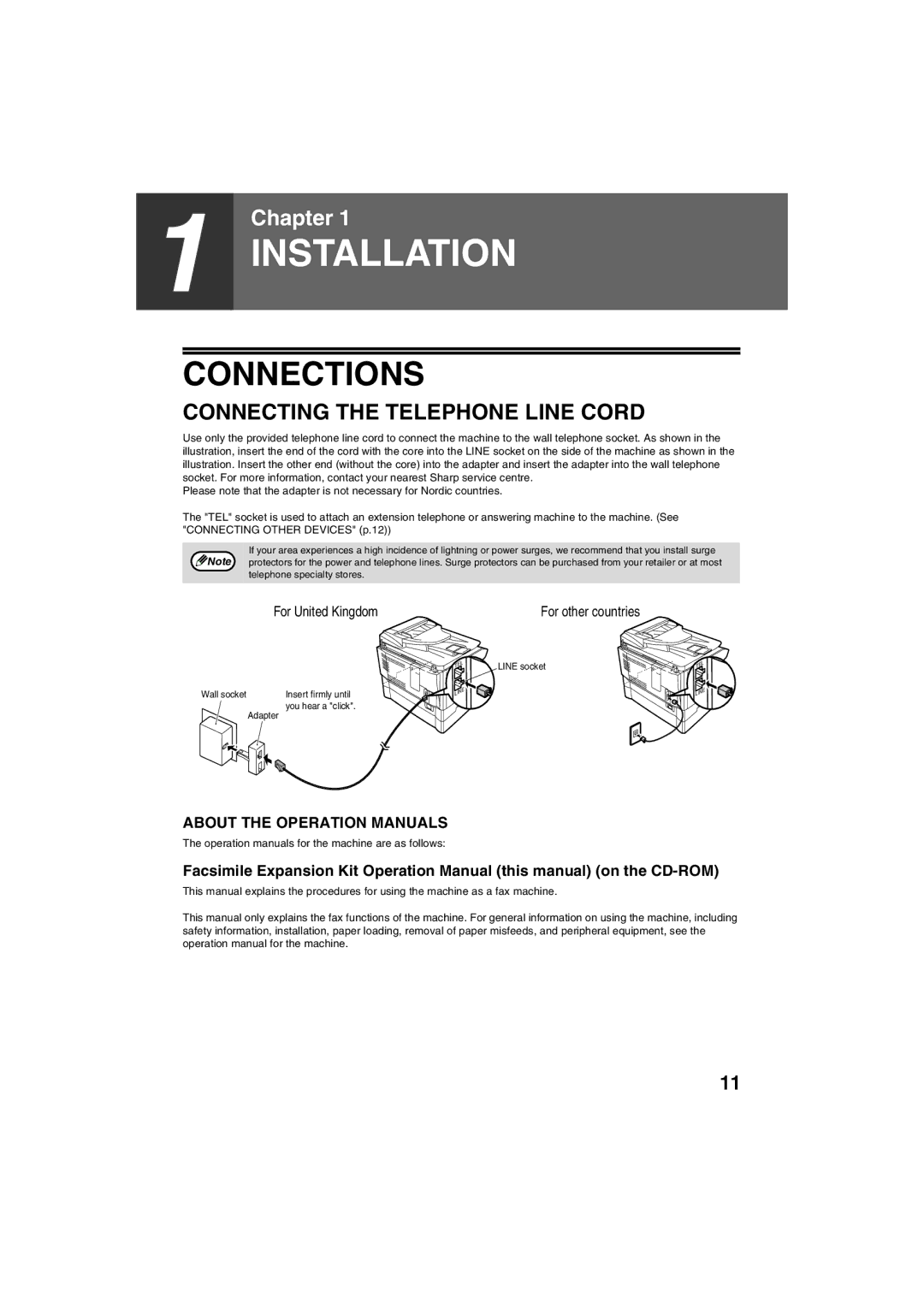 Sharp AR-FX13 appendix Connections, Connecting the Telephone Line Cord, For other countries 