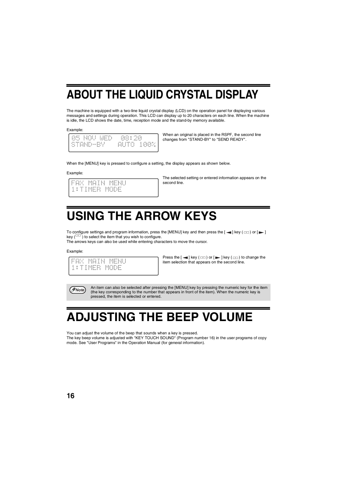 Sharp AR-FX13 appendix Using the Arrow Keys, Adjusting the Beep Volume, Example, Pressed, the item is selected or entered 