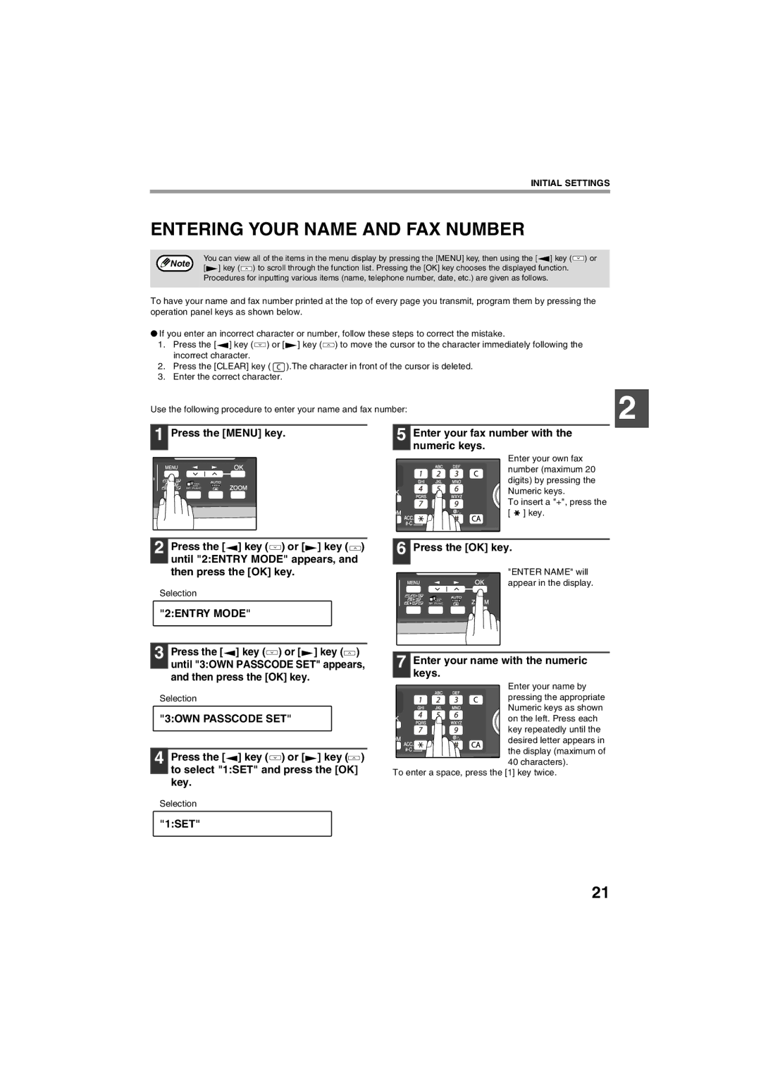 Sharp AR-FX13 appendix Entering Your Name and FAX Number, 2ENTRY Mode, 3OWN Passcode SET 