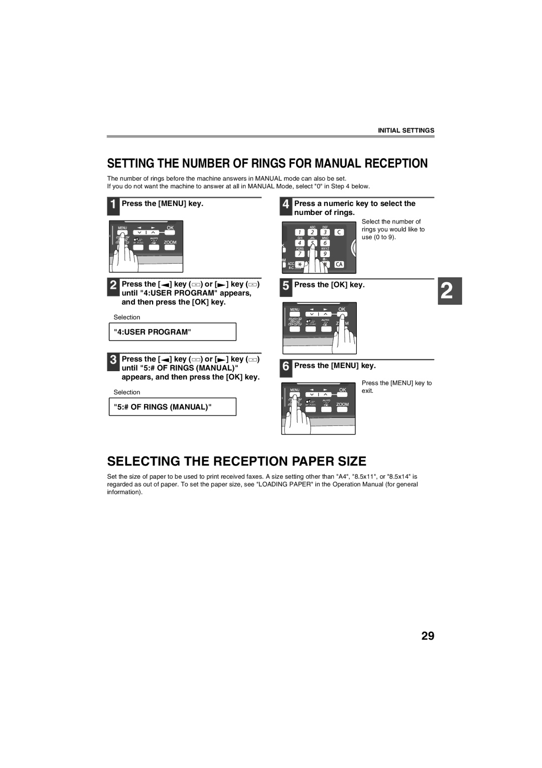 Sharp AR-FX13 Selecting the Reception Paper Size, # of Rings Manual, Select the number Rings you would like to Use 0 to 