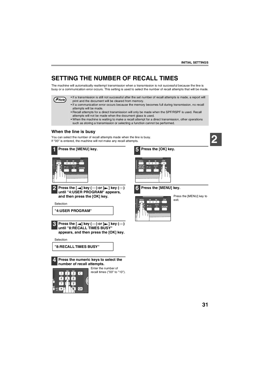 Sharp AR-FX13 Setting the Number of Recall Times, When the line is busy, 8RECALL Times Busy, Press the Menu key to Exit 