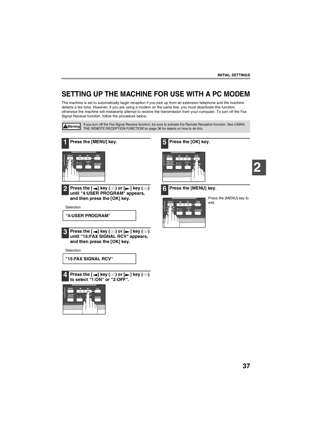 Sharp AR-FX13 Setting UP the Machine for USE with a PC Modem, Press the Menu key.5 Press the OK key, 15FAX Signal RCV 