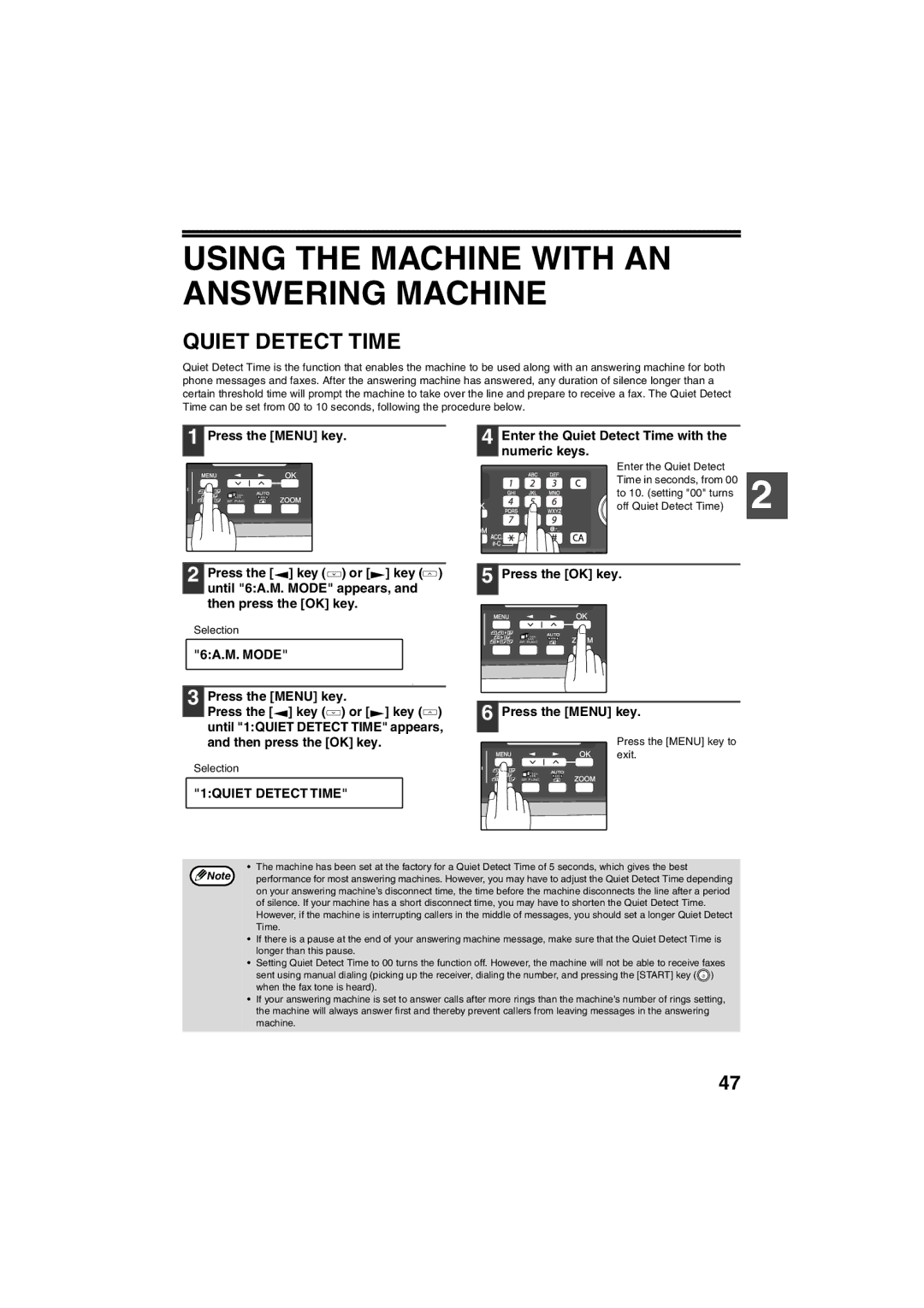 Sharp AR-FX13 appendix Using the Machine with AN Answering Machine, Quiet Detect Time, 1QUIET Detect Time 