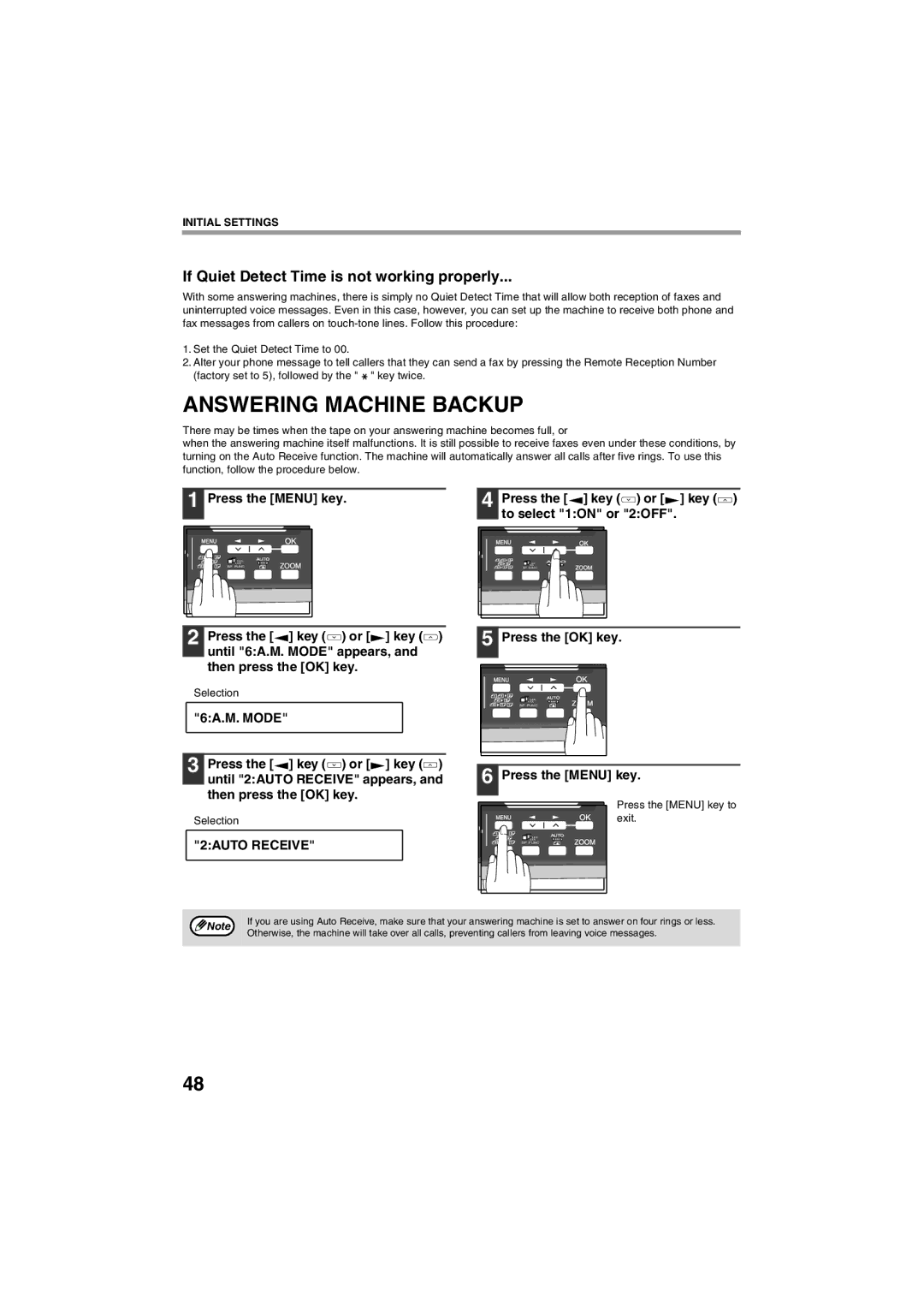 Sharp AR-FX13 appendix Answering Machine Backup, If Quiet Detect Time is not working properly, 2AUTO Receive 