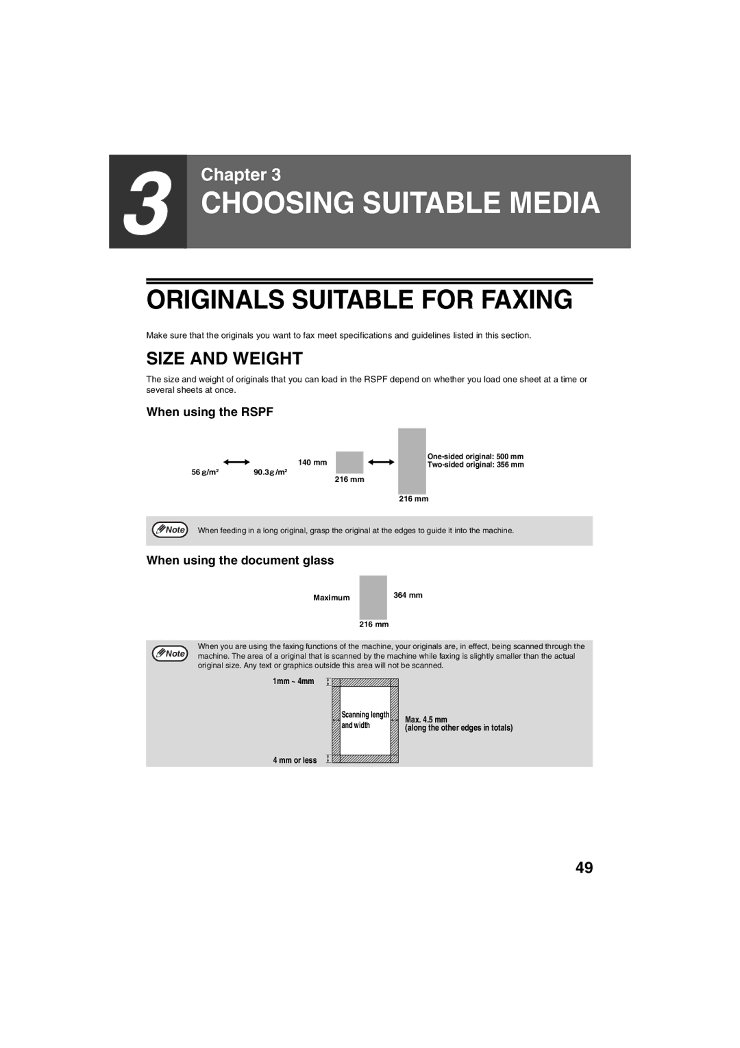 Sharp AR-FX13 appendix Originals Suitable for Faxing, Size and Weight, When using the Rspf, When using the document glass 