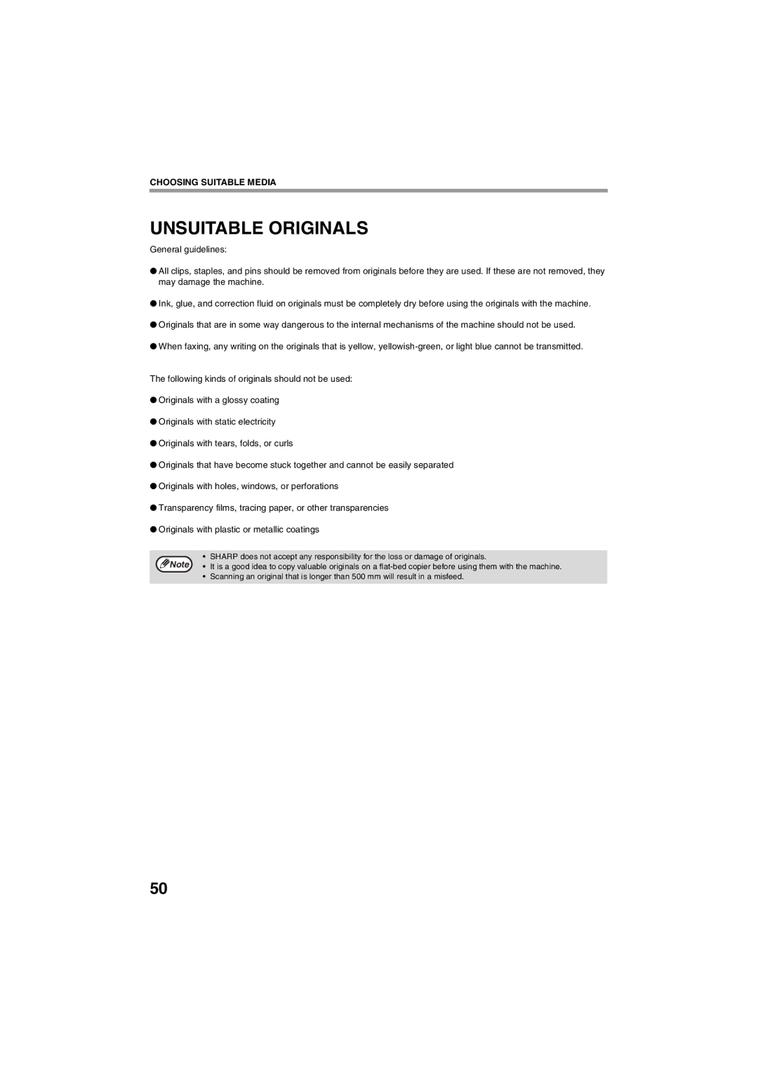 Sharp AR-FX13 appendix Unsuitable Originals 